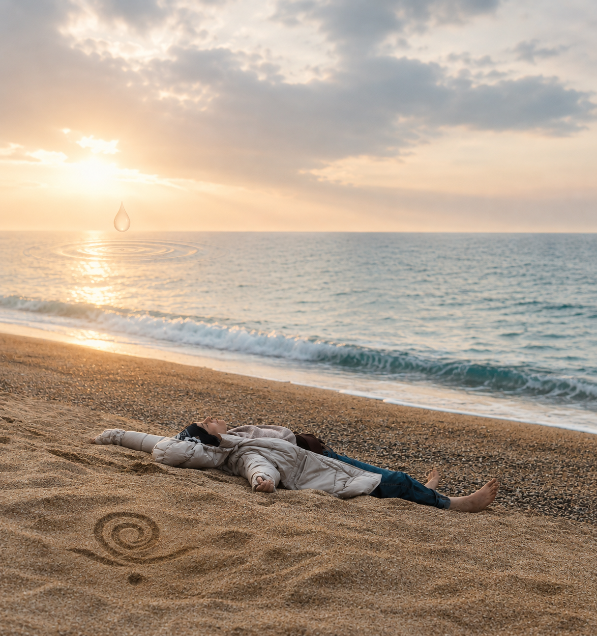 Mujer descansando sobre la arena al atardecer